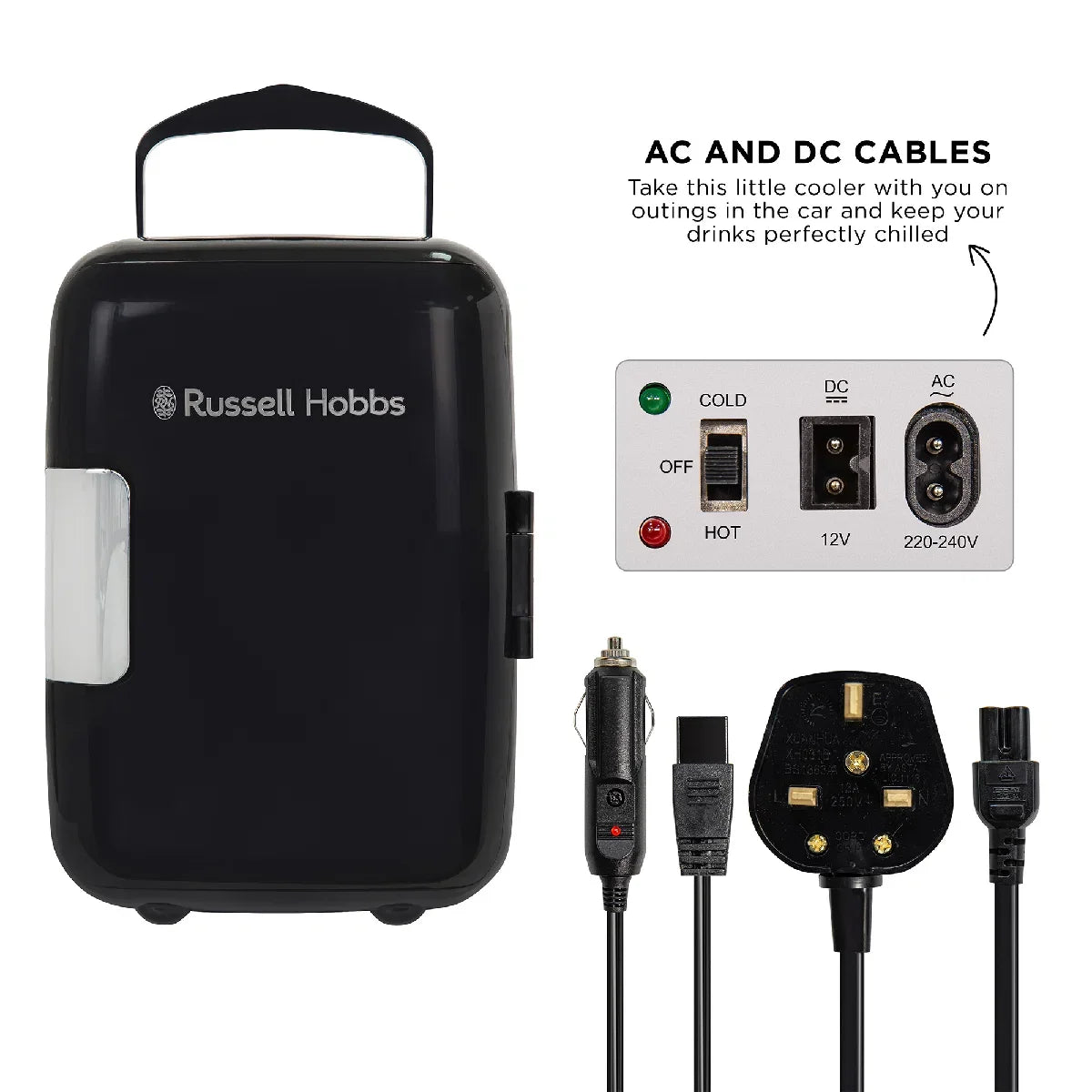 Russell Hobbs RH4CLR1001B 4L Mini Compact Cooler for Drinks and Cosmetics, Retro Style, Black & Chrome