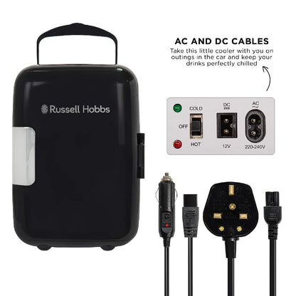 Russell Hobbs RH4CLR1001B 4L Mini Compact Cooler for Drinks and Cosmetics, Retro Style, Black & Chrome