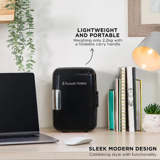 Russell Hobbs RH4CLR1001B 4L Mini Compact Cooler for Drinks and Cosmetics, Retro Style, Black & Chrome