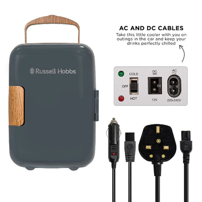 Russell Hobbs RH4CLR1001SCG 4L Mini Compact Cooler for Drinks and Cosmetics, Scandi Style, Grey & Wood Effect