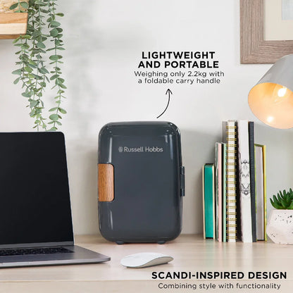 Russell Hobbs RH4CLR1001SCG 4L Mini Compact Cooler for Drinks and Cosmetics, Scandi Style, Grey & Wood Effect