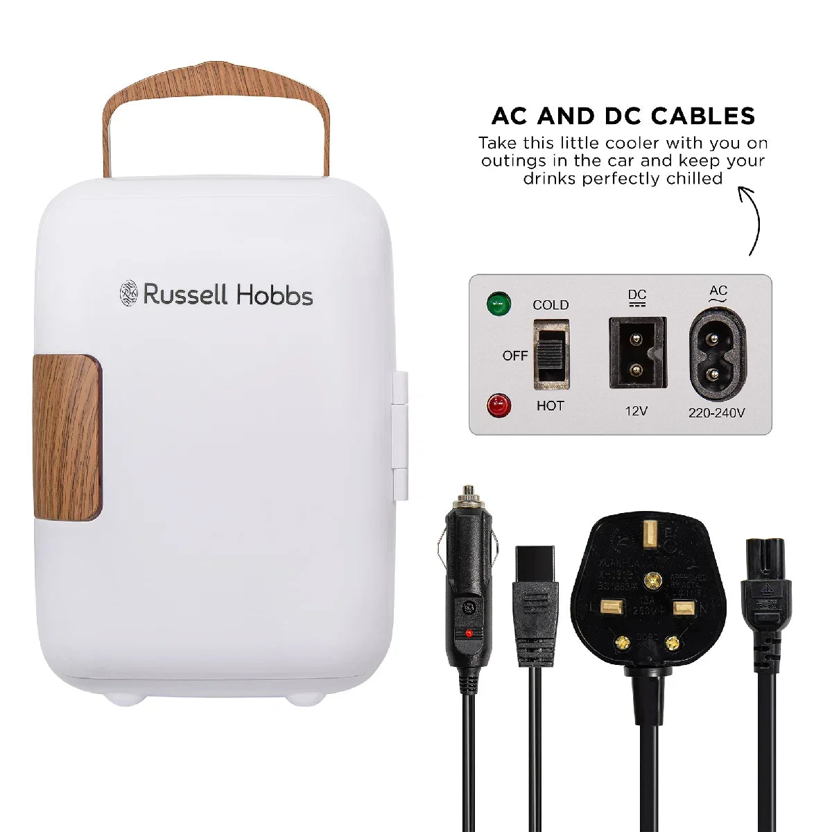 Russell Hobbs RH4CLR1001SCW 4L Mini Compact Cooler for Drinks and Cosmetics, Scandi Style, White & Wood Effect