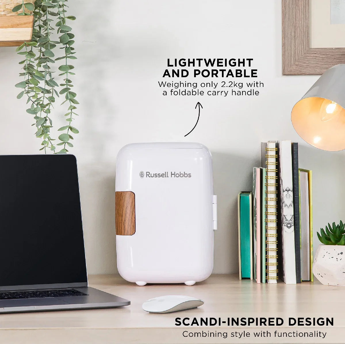 Russell Hobbs RH4CLR1001SCW 4L Mini Compact Cooler for Drinks and Cosmetics, Scandi Style, White & Wood Effect