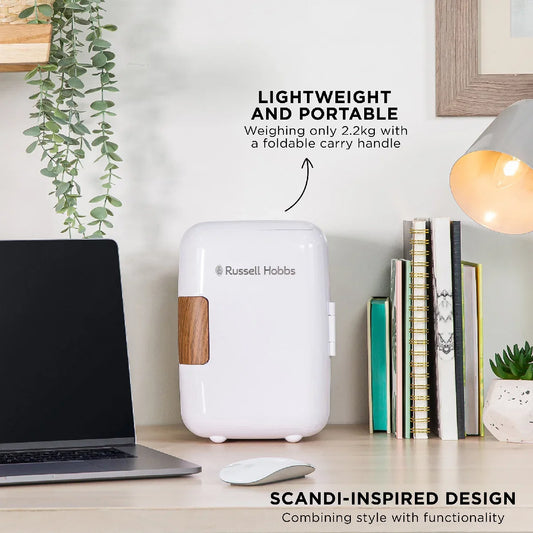 Russell Hobbs RH4CLR1001SCW 4L Mini Compact Cooler for Drinks and Cosmetics, Scandi Style, White & Wood Effect