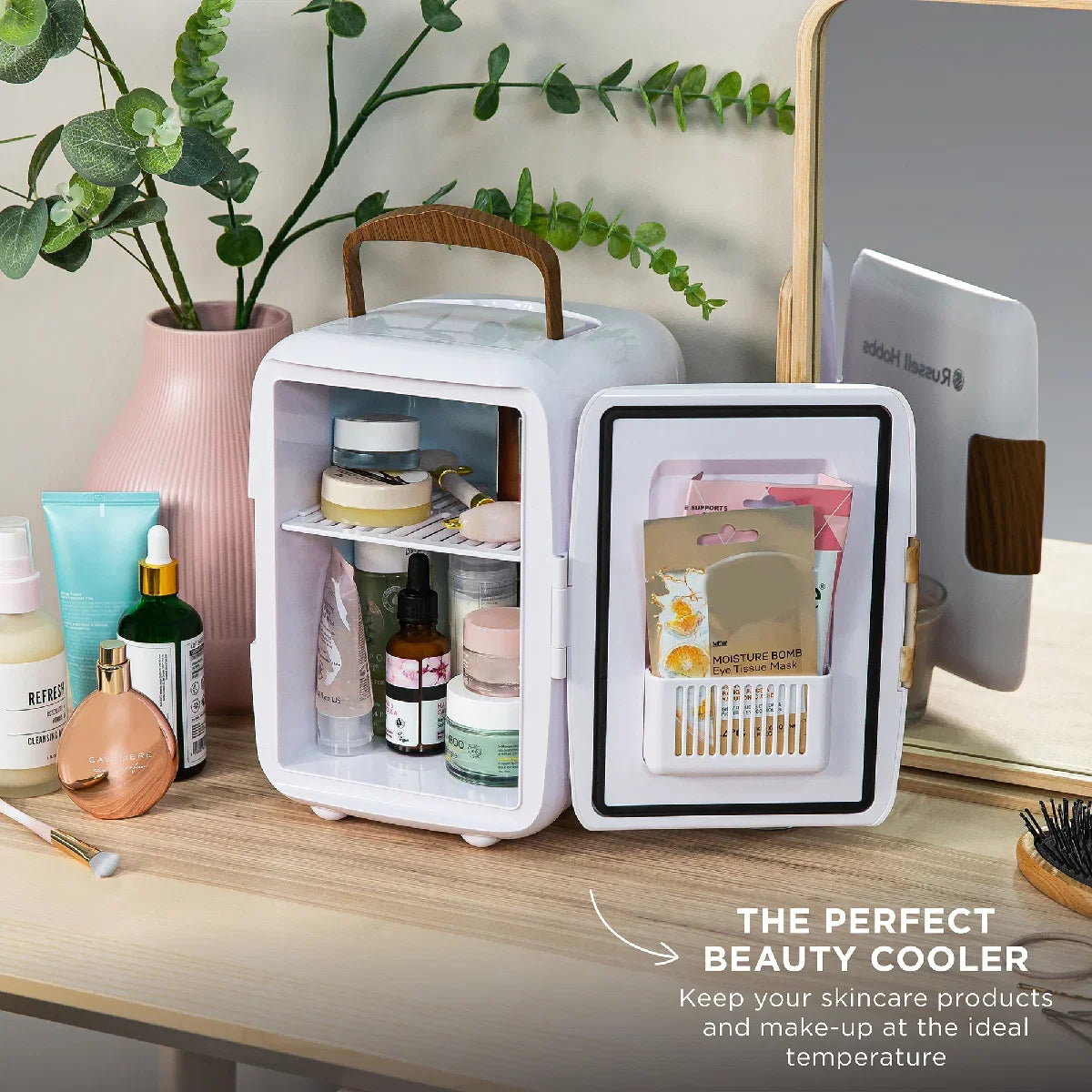 Russell Hobbs RH4CLR1001SCW 4L Mini Compact Cooler for Drinks and Cosmetics, Scandi Style, White & Wood Effect