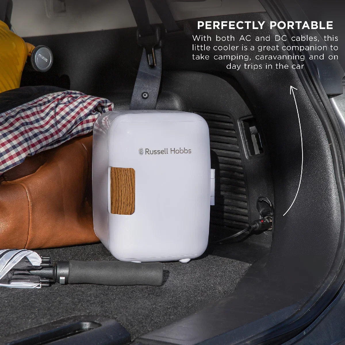 Russell Hobbs RH4CLR1001SCW 4L Mini Compact Cooler for Drinks and Cosmetics, Scandi Style, White & Wood Effect