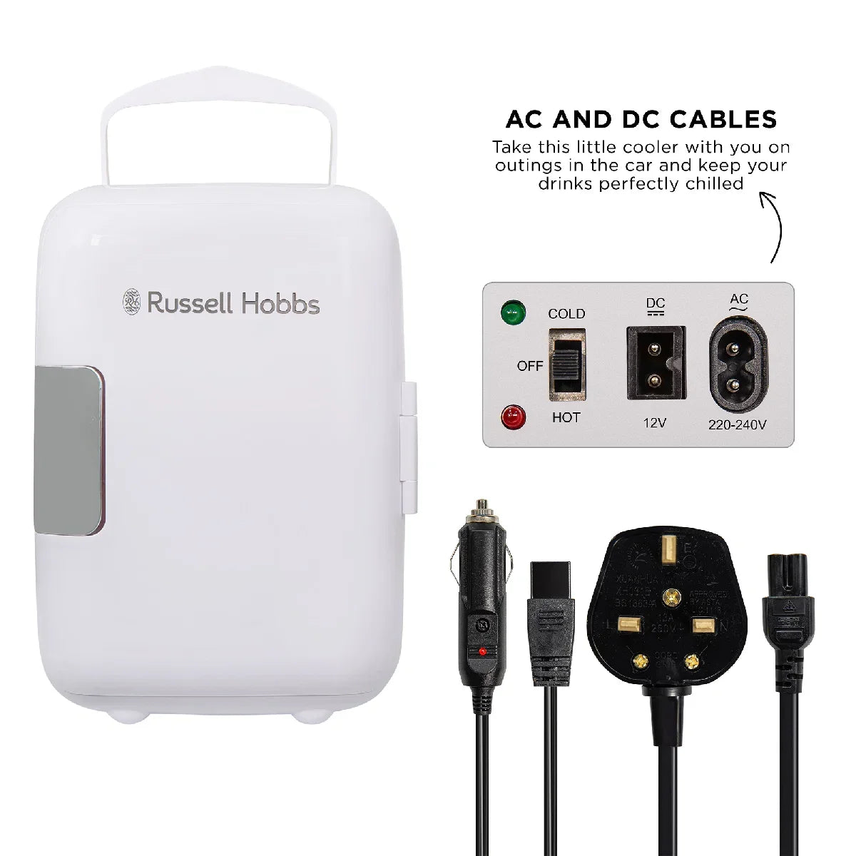 Russell Hobbs RH4CLR1001 4L Mini Compact Cooler for Drinks and Cosmetics, Retro Style, White & Chrome