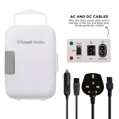 Russell Hobbs RH4CLR1001 4L Mini Compact Cooler for Drinks and Cosmetics, Retro Style, White & Chrome