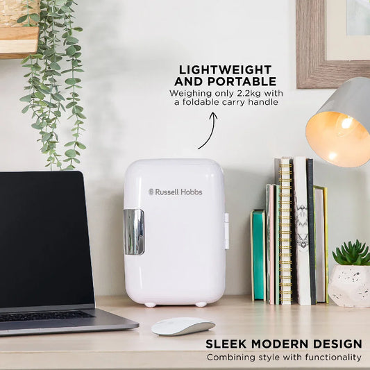 Russell Hobbs RH4CLR1001 4L Mini Compact Cooler for Drinks and Cosmetics, Retro Style, White & Chrome