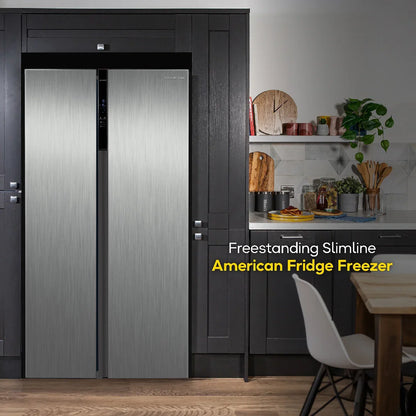 Russell Hobbs® RH90AFF201SS 177cm high 90cm wide freestanding slimline American Fridge Freezer in Stainless Steel