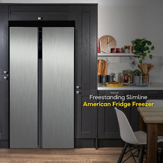 Russell Hobbs® RH90AFF201SS 177cm high 90cm wide freestanding slimline American Fridge Freezer in Stainless Steel