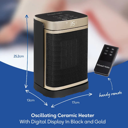 Russell Hobbs, RHCH2001G, 1.5kW Oscillating Ceramic Heater in Black and Gold, Square Design