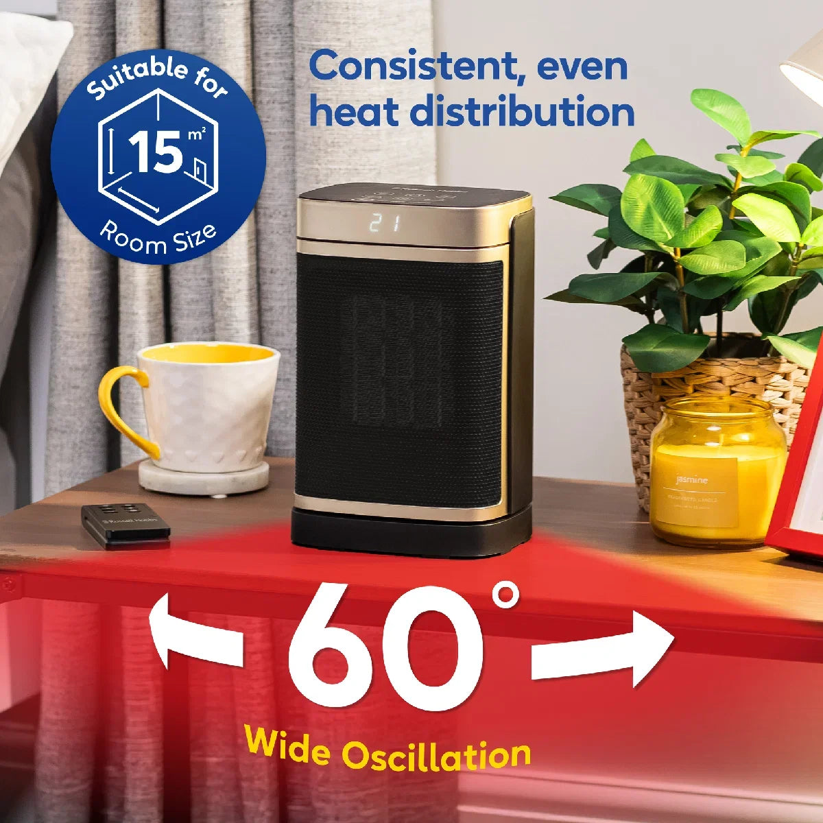 Russell Hobbs, RHCH2001G, 1.5kW Oscillating Ceramic Heater in Black and Gold, Square Design