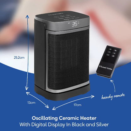 Russell Hobbs, RHCH2001S, 1.5kW Oscillating Ceramic Heater in Black and Silver, Square Design