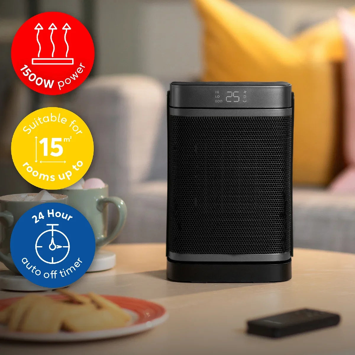Russell Hobbs, RHCH2001S, 1.5kW Oscillating Ceramic Heater in Black and Silver, Square Design