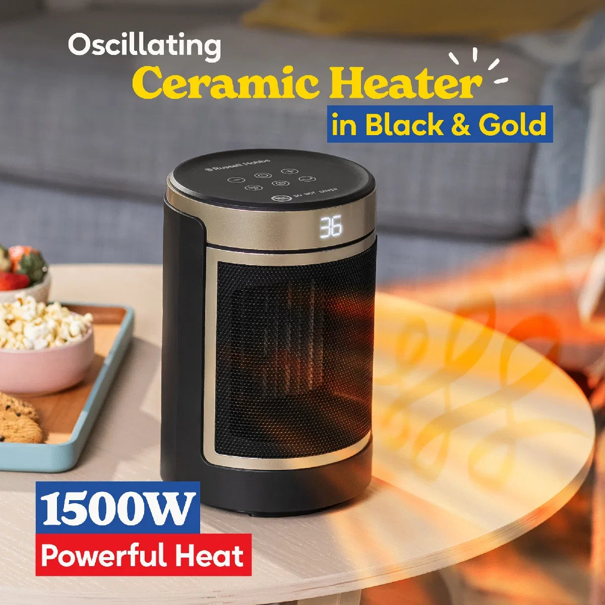 Russell Hobbs RHCH2002G 1.5kW Oscillating Ceramic Heater in Black and Gold