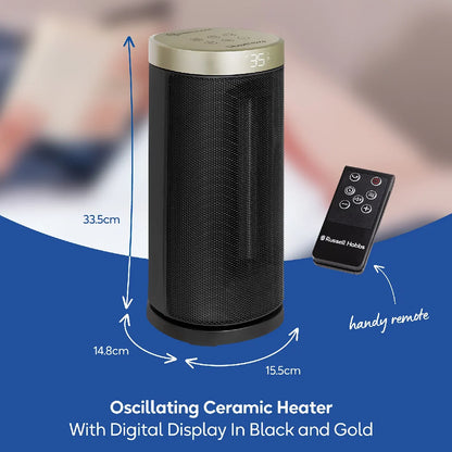 Russell Hobbs RHCTH2001G 2kW Oscillating Ceramic Heater W/Digital Display in Black and Gold