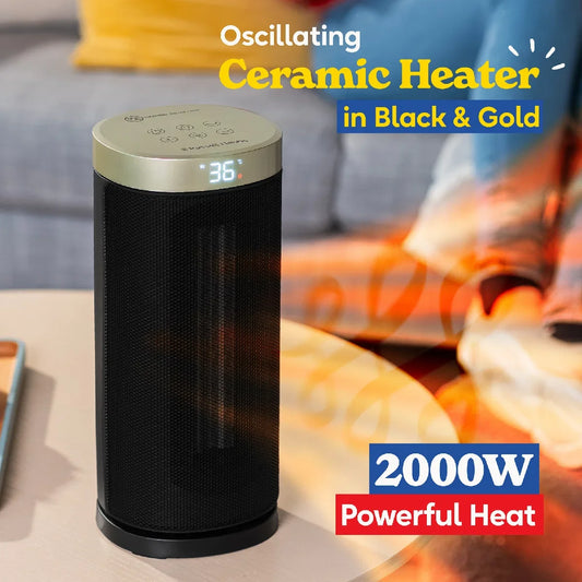 Russell Hobbs RHCTH2001G 2kW Oscillating Ceramic Heater W/Digital Display in Black and Gold