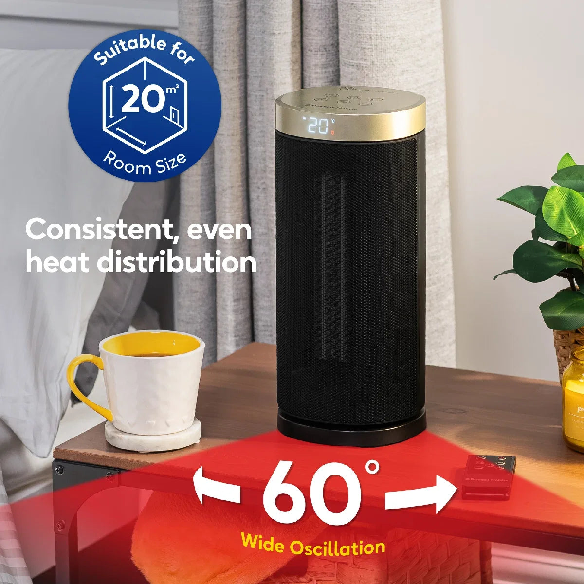 Russell Hobbs RHCTH2001G 2kW Oscillating Ceramic Heater W/Digital Display in Black and Gold