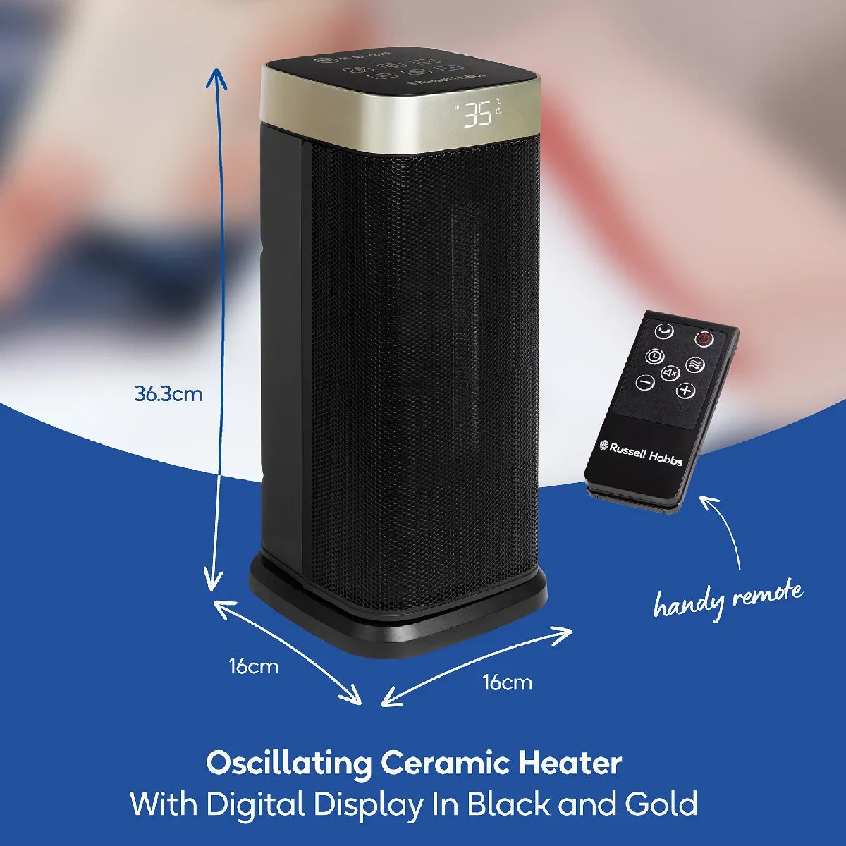 Russell Hobbs RHCTH2002G 2kW Oscillating Ceramic Heater W/Digital Display in Black and Gold, Square Design