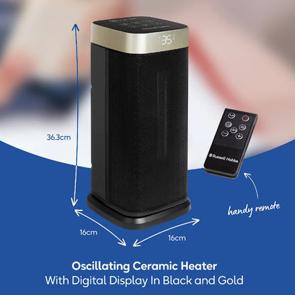 Russell Hobbs RHCTH2002G 2kW Oscillating Ceramic Heater W/Digital Display in Black and Gold, Square Design