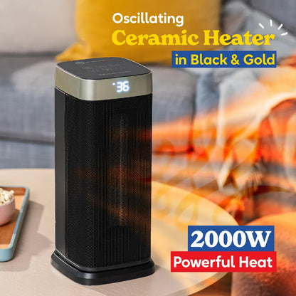 Russell Hobbs RHCTH2002G 2kW Oscillating Ceramic Heater W/Digital Display in Black and Gold, Square Design