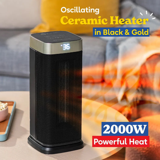 Russell Hobbs RHCTH2002G 2kW Oscillating Ceramic Heater W/Digital Display in Black and Gold, Square Design