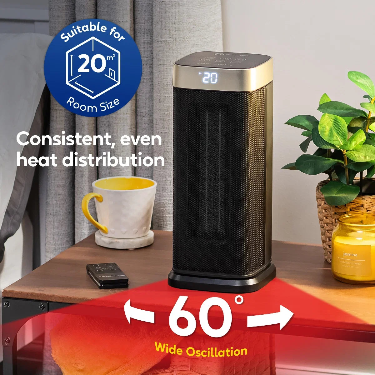 Russell Hobbs RHCTH2002G 2kW Oscillating Ceramic Heater W/Digital Display in Black and Gold, Square Design