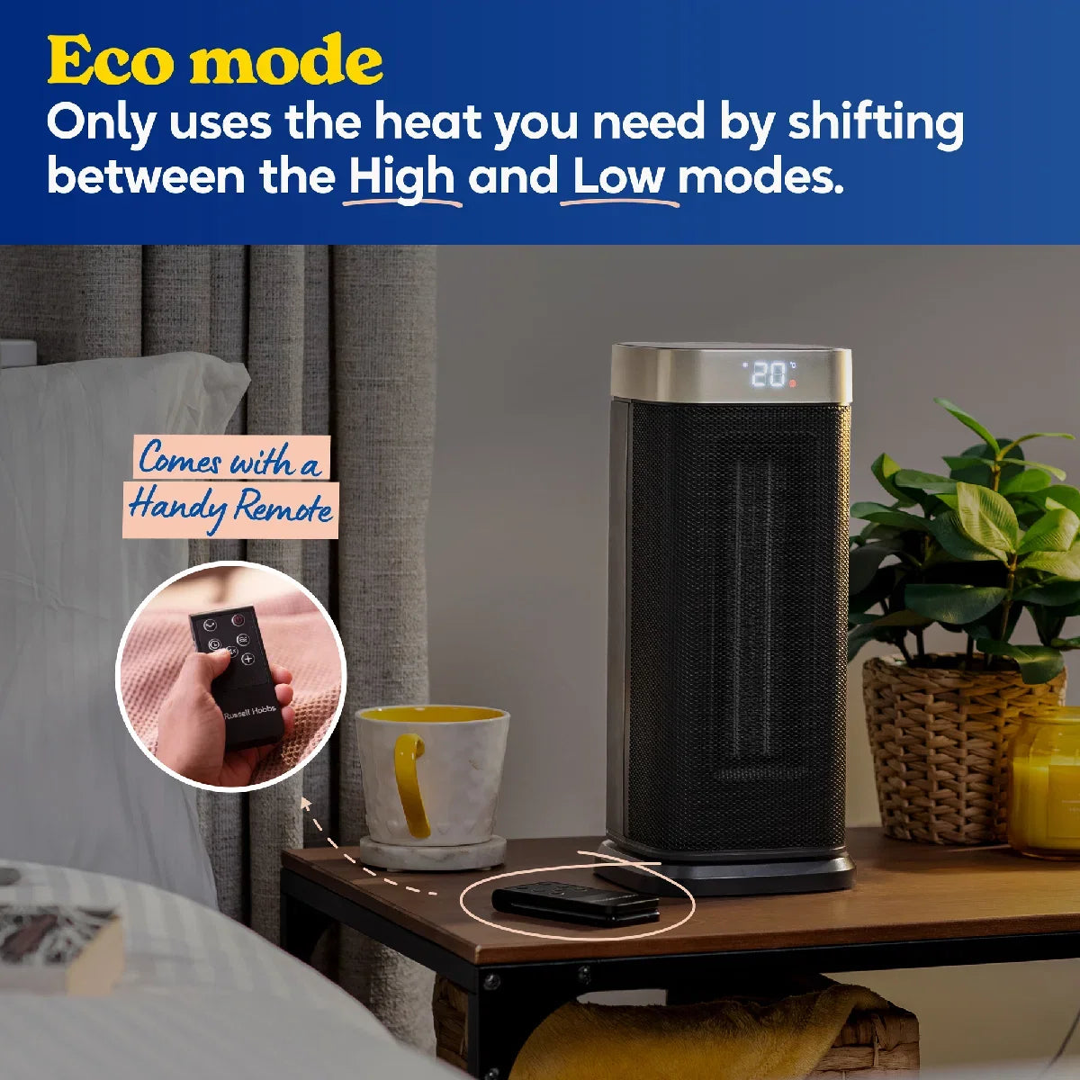 Russell Hobbs RHCTH2002G 2kW Oscillating Ceramic Heater W/Digital Display in Black and Gold, Square Design