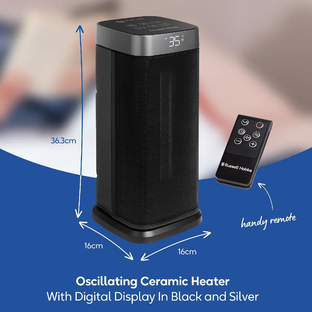 Russell Hobbs RHCTH2002S 2kW Oscillating Ceramic Heater W/Digital Display in Black and Silver, Square Design
