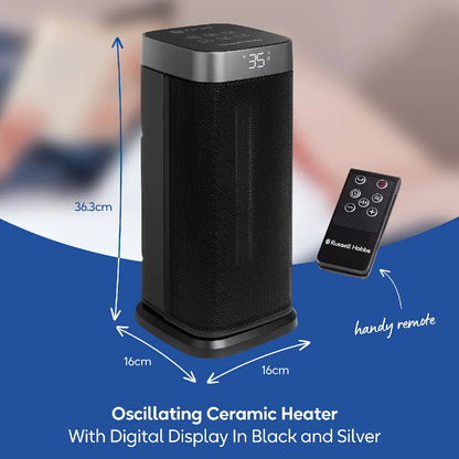 Russell Hobbs RHCTH2002S 2kW Oscillating Ceramic Heater W/Digital Display in Black and Silver, Square Design