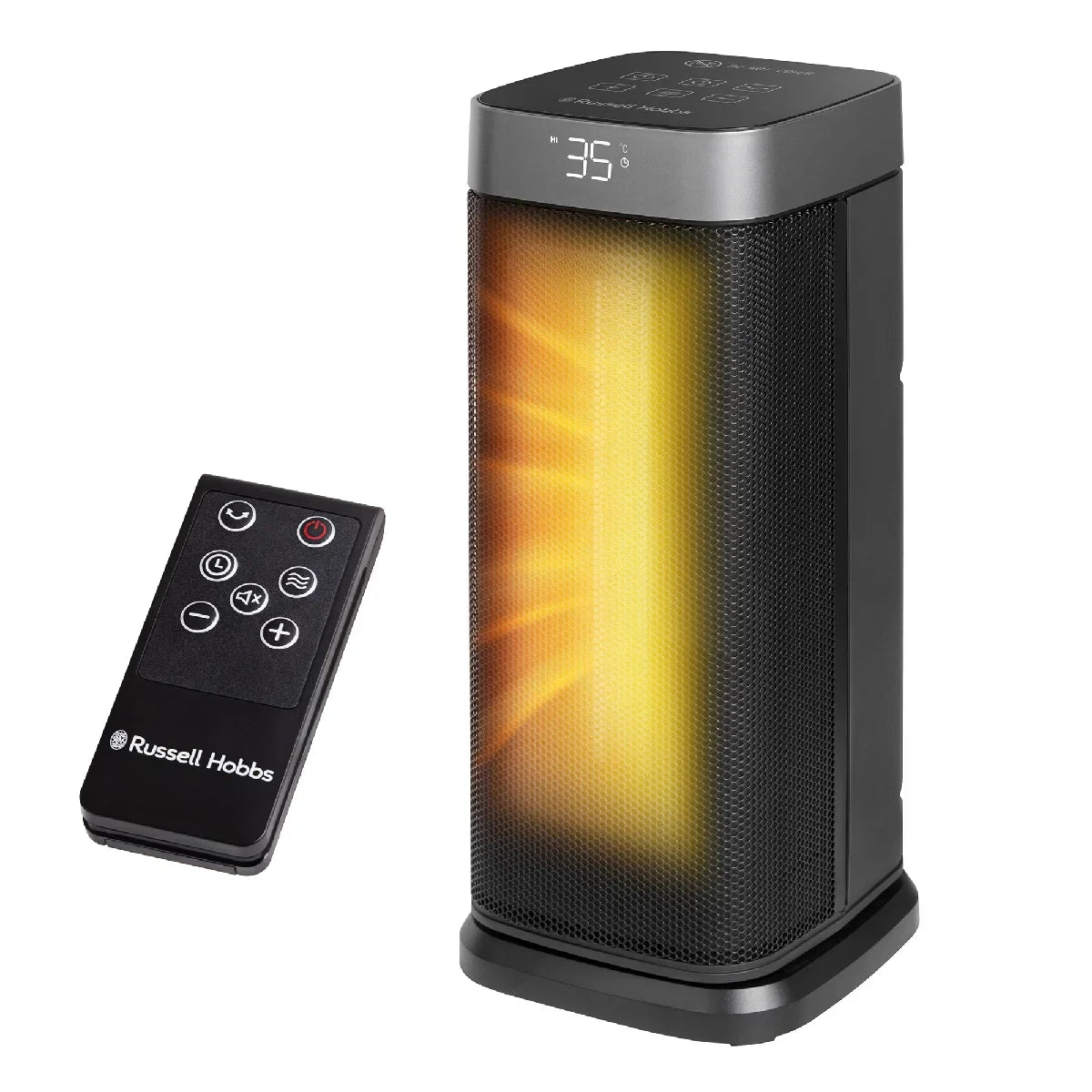 Russell Hobbs RHCTH2002S 2kW Oscillating Ceramic Heater W/Digital Display in Black and Silver, Square Design
