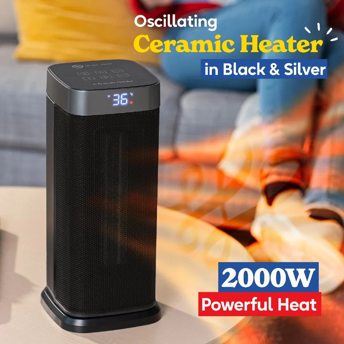 Russell Hobbs RHCTH2002S 2kW Oscillating Ceramic Heater W/Digital Display in Black and Silver, Square Design