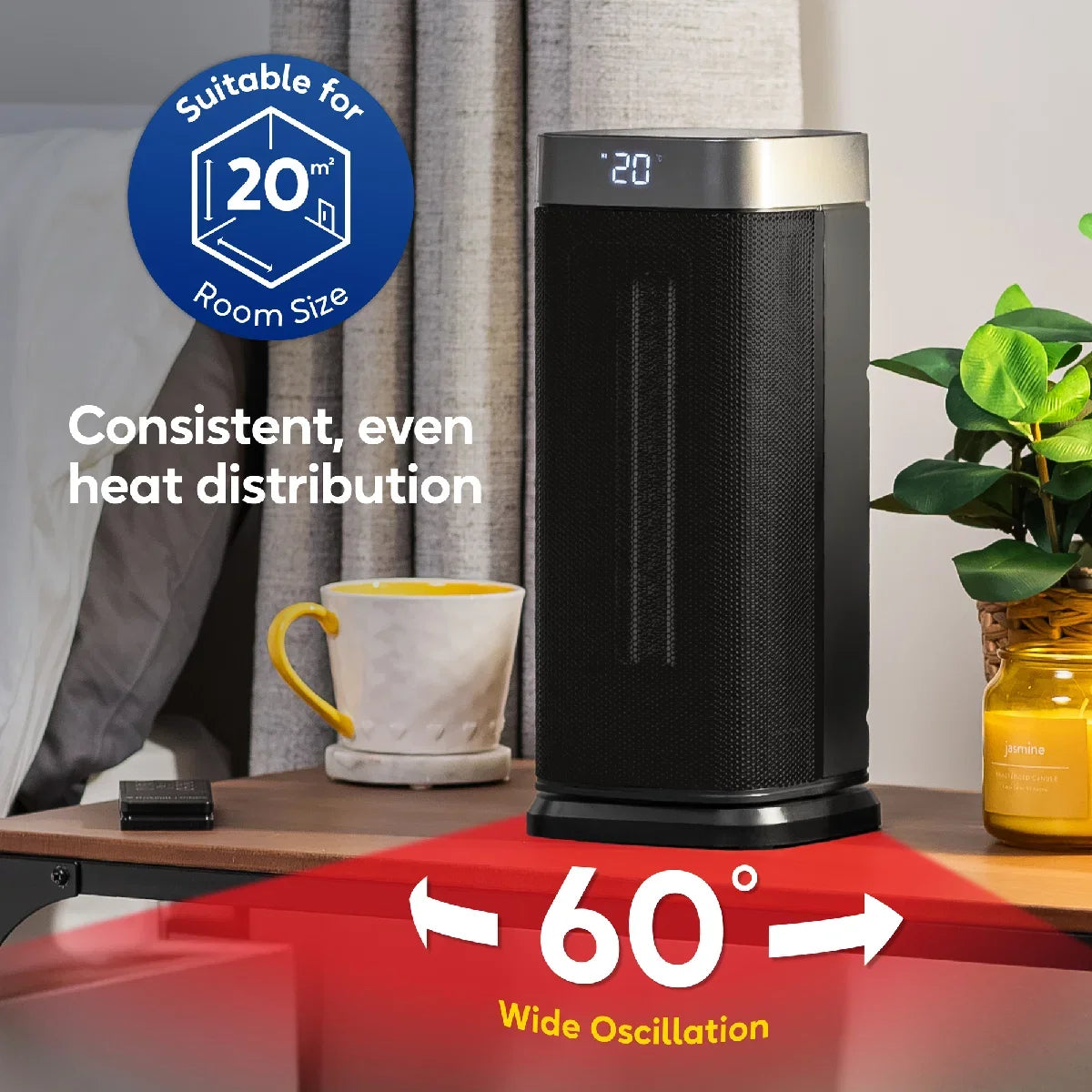 Russell Hobbs RHCTH2002S 2kW Oscillating Ceramic Heater W/Digital Display in Black and Silver, Square Design