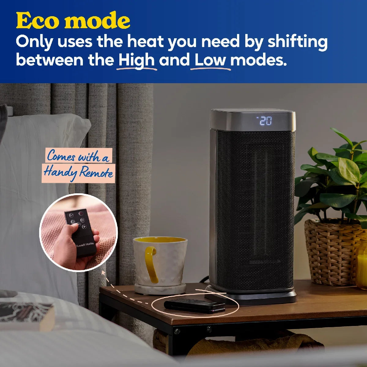 Russell Hobbs RHCTH2002S 2kW Oscillating Ceramic Heater W/Digital Display in Black and Silver, Square Design