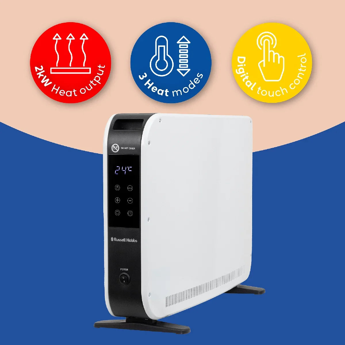 Russell Hobbs RHCVH2003 2kW Digital Touch Panel Convection Heater W/Remote in White