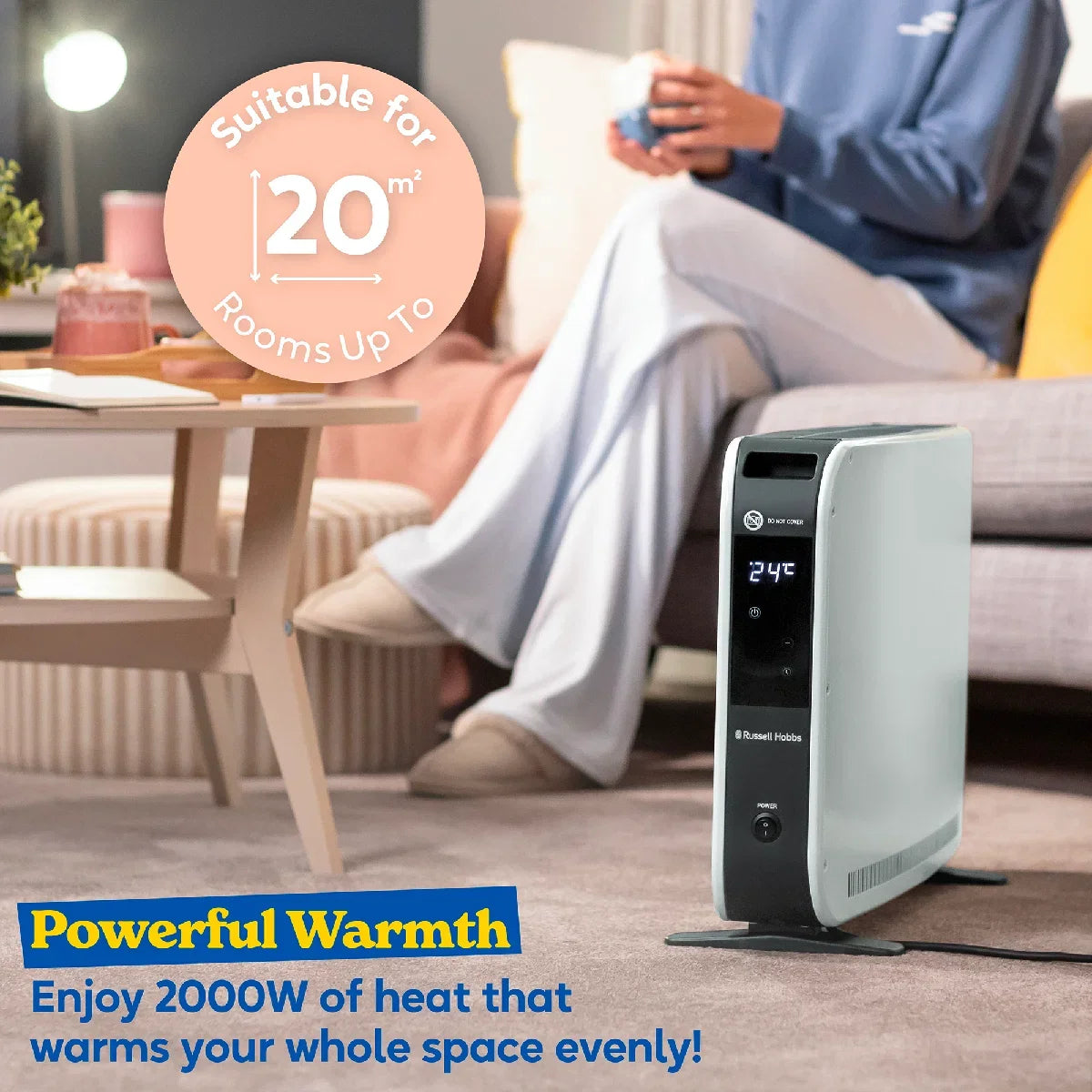 Russell Hobbs® RHCVHTF2004, 2kW Digital Touch Panel Convection Heater with Turbo Fan and Remote in White