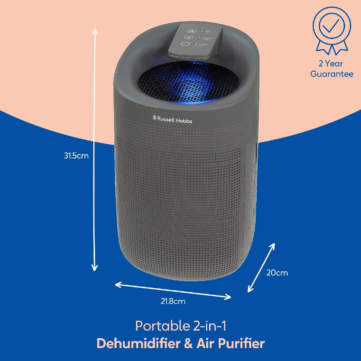 Russell Hobbs RHDH1101G Fresh Air Pro Compact Dehumidifier and Air Purifier, Ozone Free, 750ml/day, Grey