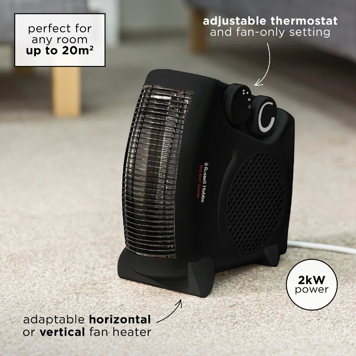 Russell Hobbs RHFH1005B 2kW Vertical/Horizontal Fan Heater in Black