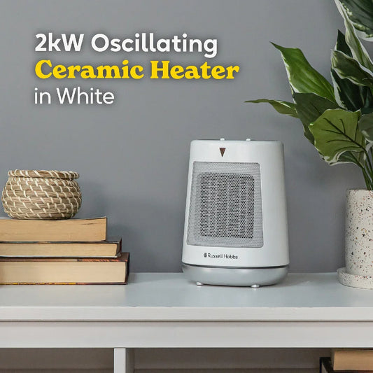 Russell Hobbs RHFH1008 2kW Oscillating Ceramic Heater in White and Grey