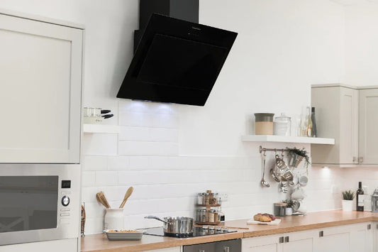 Russell Hobbs RHGCH902B-M 90cm Wide Angled Black Glass Chimney Cooker Hood