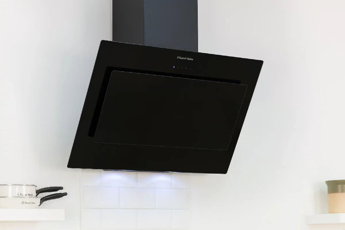 Russell Hobbs RHGCH902B-M 90cm Wide Angled Black Glass Chimney Cooker Hood