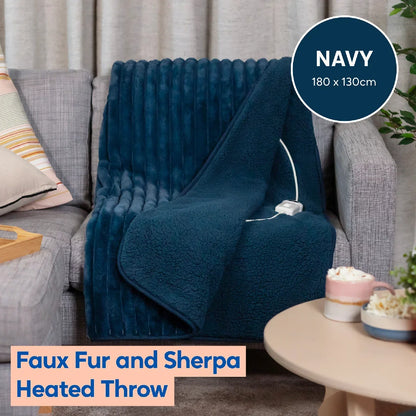 Russell Hobbs® RHHT1005BLU Heated Throw W/Faux Fur and Sherpa in Navy Blue