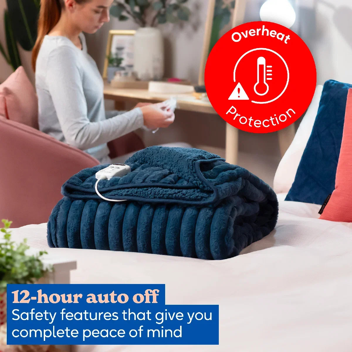 Russell Hobbs® RHHT1005BLU Heated Throw W/Faux Fur and Sherpa in Navy Blue