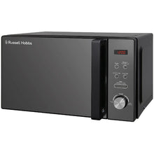 Black Russell Hobbs microwave oven on a white background