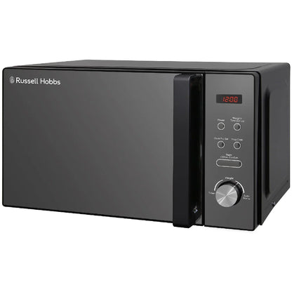 Black Russell Hobbs microwave oven on a white background