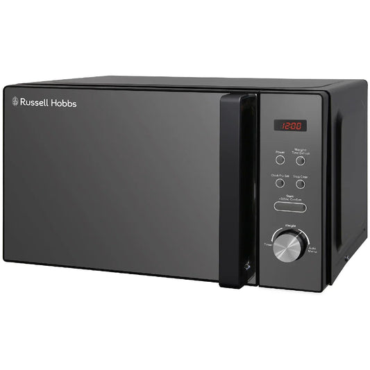 Black Russell Hobbs microwave oven on a white background