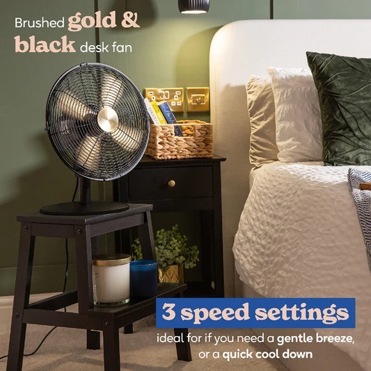 Russell Hobbs RHMDF1201BG Metal Desk Fan in Brushed Gold and Black