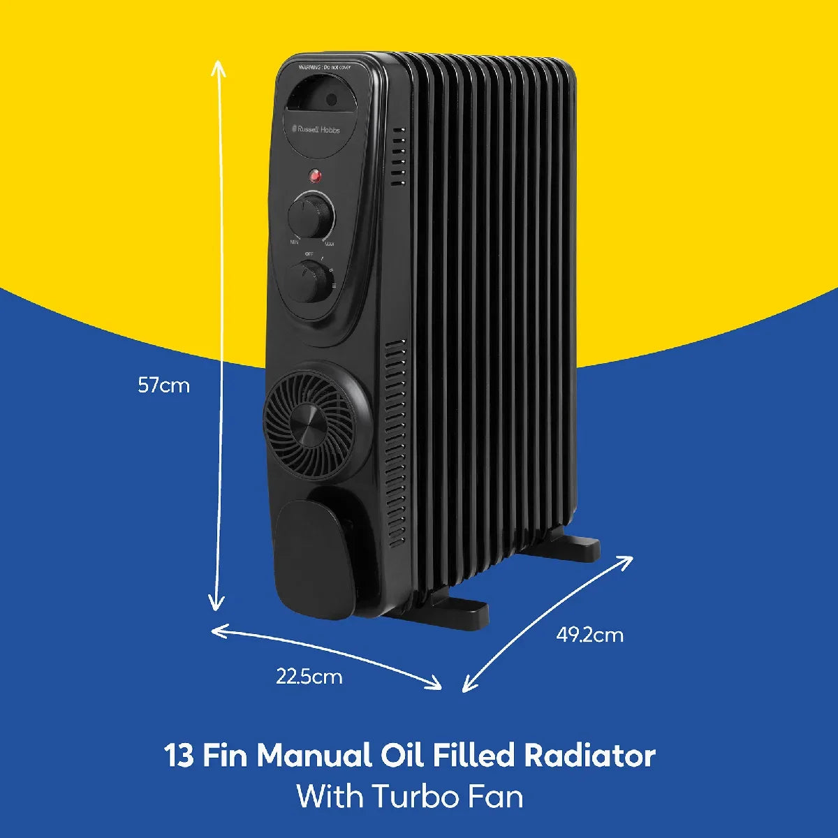 Russell Hobbs® RHOFR2403B, 2.5kW 13 Fin Manual Oil Filled Radiator with 400W Turbo Fan in Black