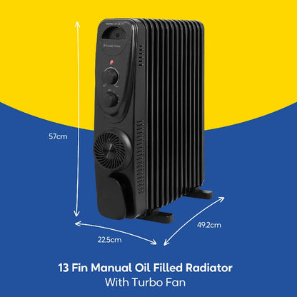 Russell Hobbs® RHOFR2403B, 2.5kW 13 Fin Manual Oil Filled Radiator with 400W Turbo Fan in Black